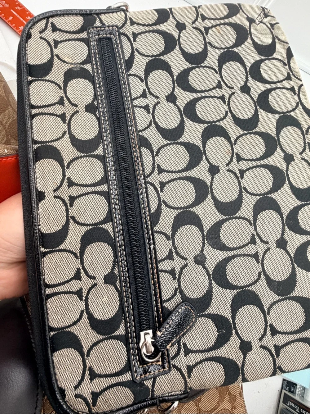 Coach Signature Canvas Cosmetic Case in Black and Tan